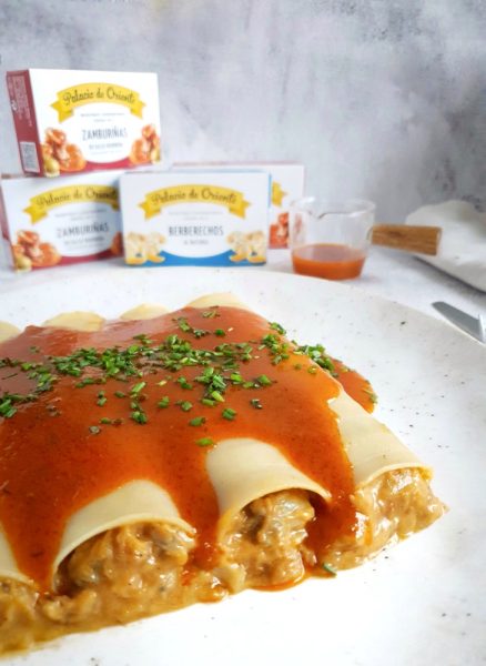 Canelones de marisco con conservas de zamburiñas y berberechos